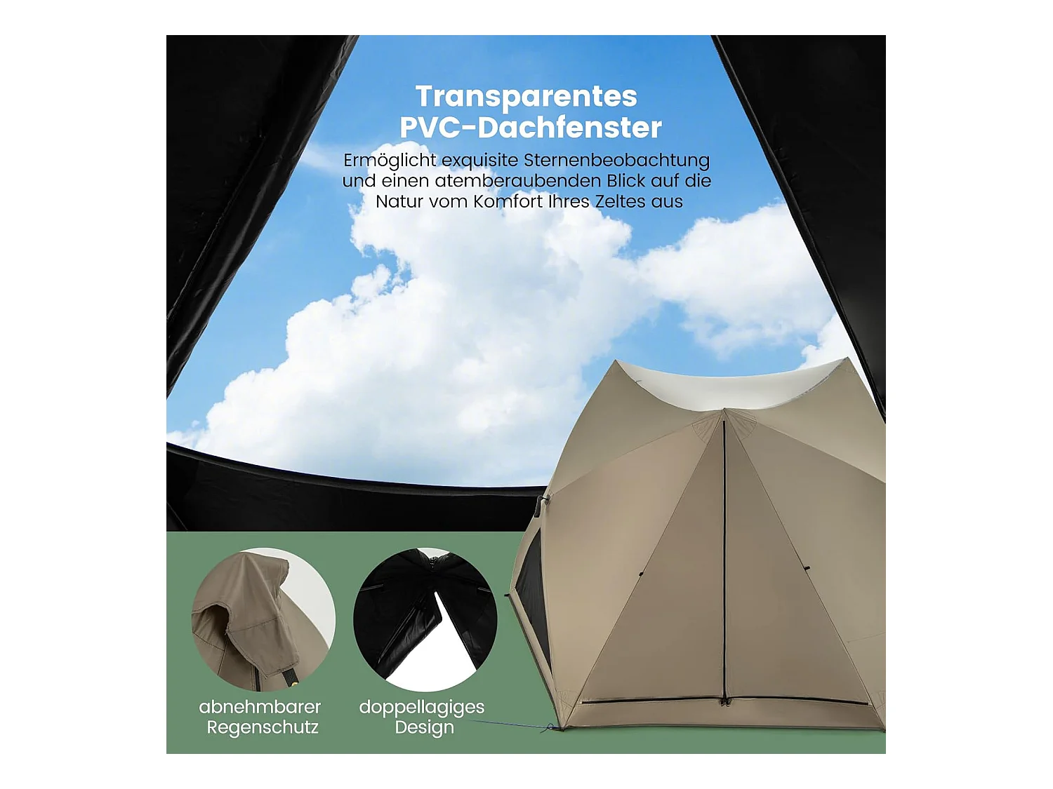 Pop-up tent voor 4-6 personen, campingtent met overkapping, dakraam, 3 deuren, 3 ramen en grondzeil,familietent voor trekking, camping ZB33920
