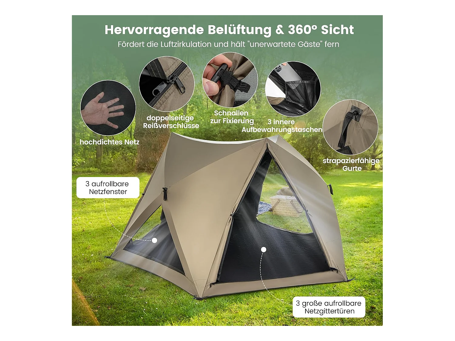 Pop-up tent voor 4-6 personen, campingtent met overkapping, dakraam, 3 deuren, 3 ramen en grondzeil,familietent voor trekking, camping ZB33920