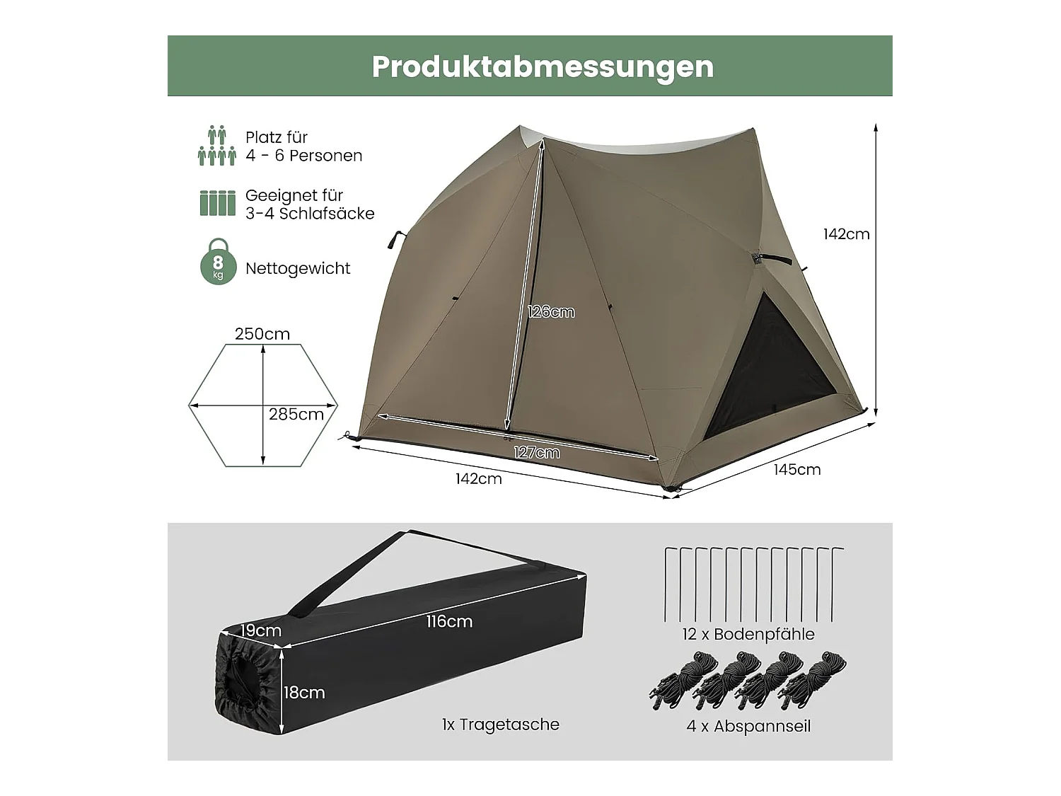 Pop-up tent voor 4-6 personen, campingtent met overkapping, dakraam, 3 deuren, 3 ramen en grondzeil,familietent voor trekking, camping ZB33920