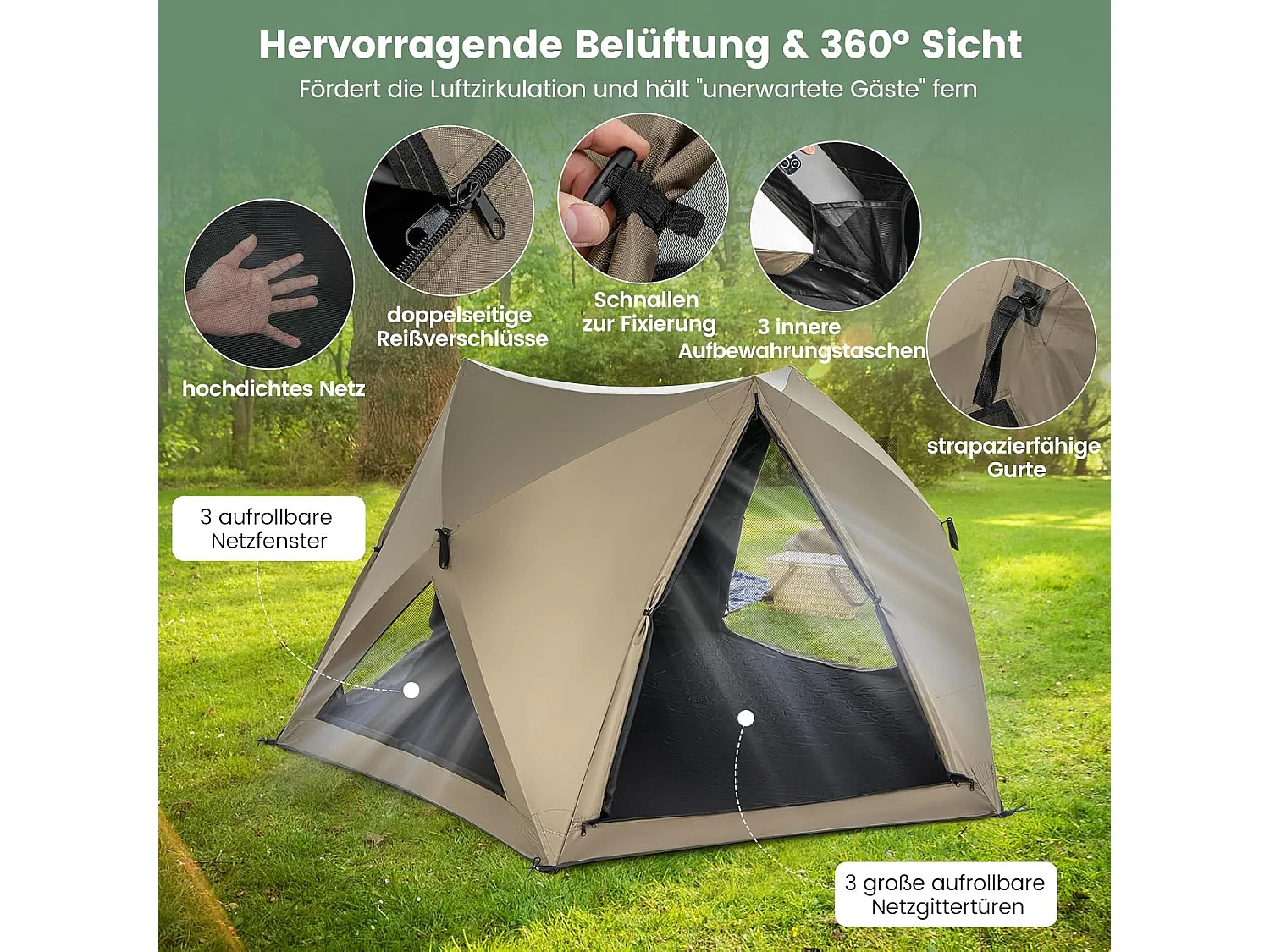 Pop-up tent voor 4-6 personen, campingtent met overkapping, dakraam, 3 deuren, 3 ramen en grondzeil,familietent voor trekking, camping ZB33920
