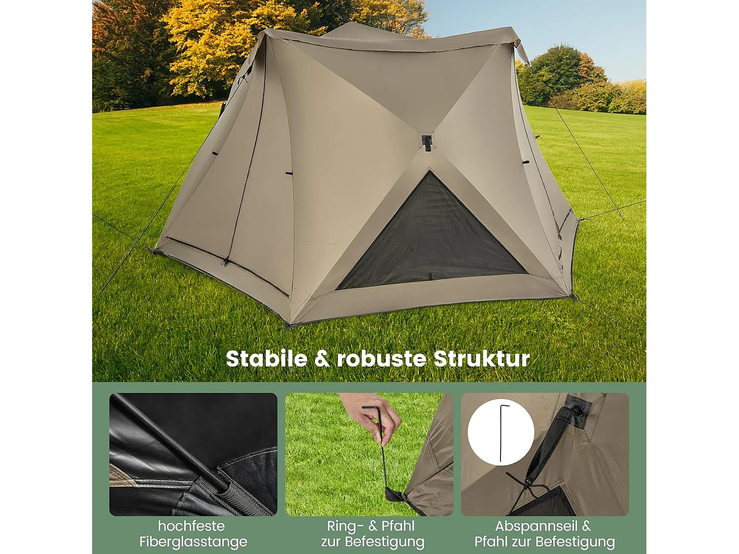 Pop-up tent voor 4-6 personen, campingtent met overkapping, dakraam, 3 deuren, 3 ramen en grondzeil,familietent voor trekking, camping ZB33920