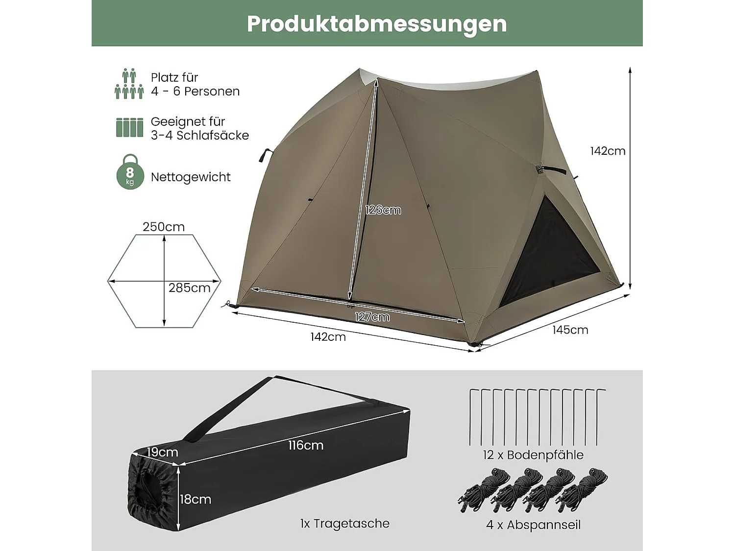 Pop-up tent voor 4-6 personen, campingtent met overkapping, dakraam, 3 deuren, 3 ramen en grondzeil,familietent voor trekking, camping ZB33920