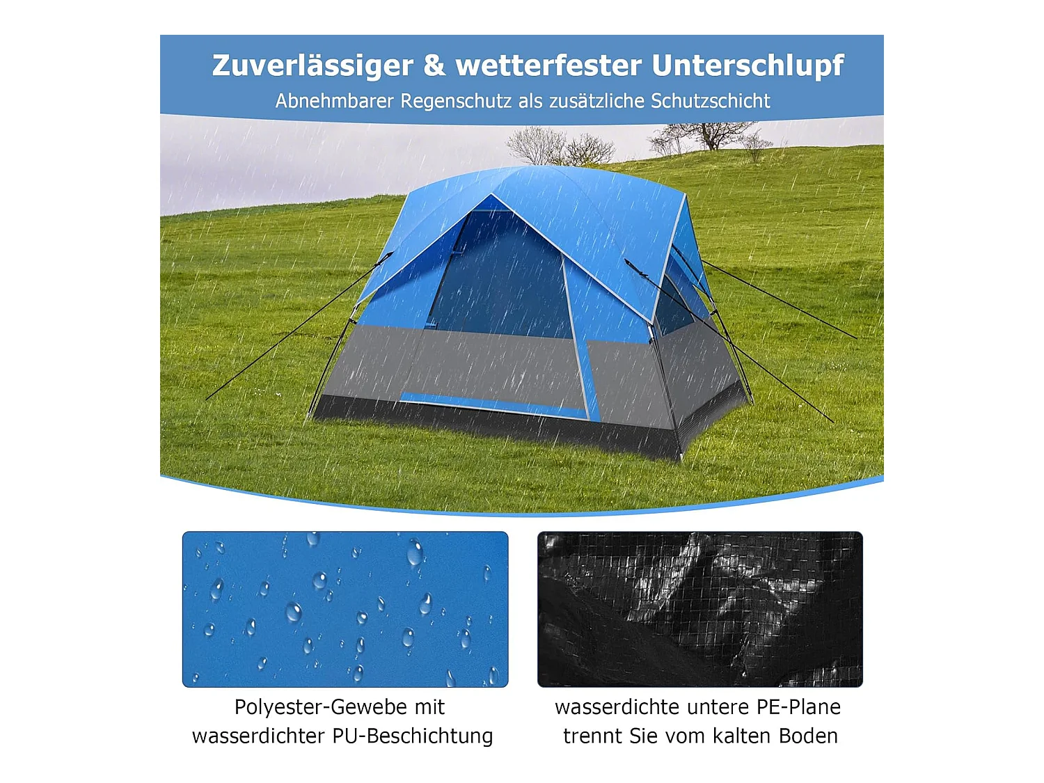 Tent voor 3 personen, ultralichte campingtent met afneembare regenbescherming, ramen en grondzeil,koepeltent voor trekking, kamperen ZB33864