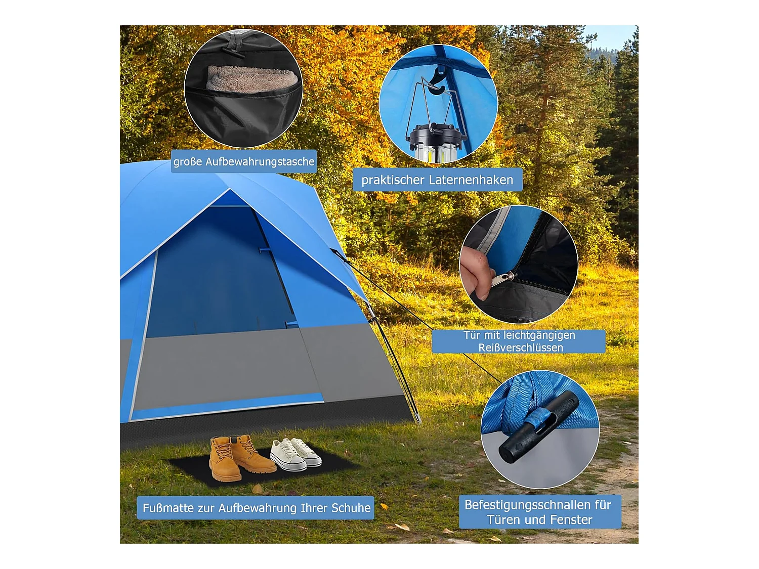 Tent voor 3 personen, ultralichte campingtent met afneembare regenbescherming, ramen en grondzeil,koepeltent voor trekking, kamperen ZB33864