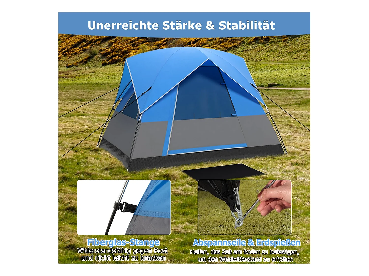 Tent voor 3 personen, ultralichte campingtent met afneembare regenbescherming, ramen en grondzeil,koepeltent voor trekking, kamperen ZB33864