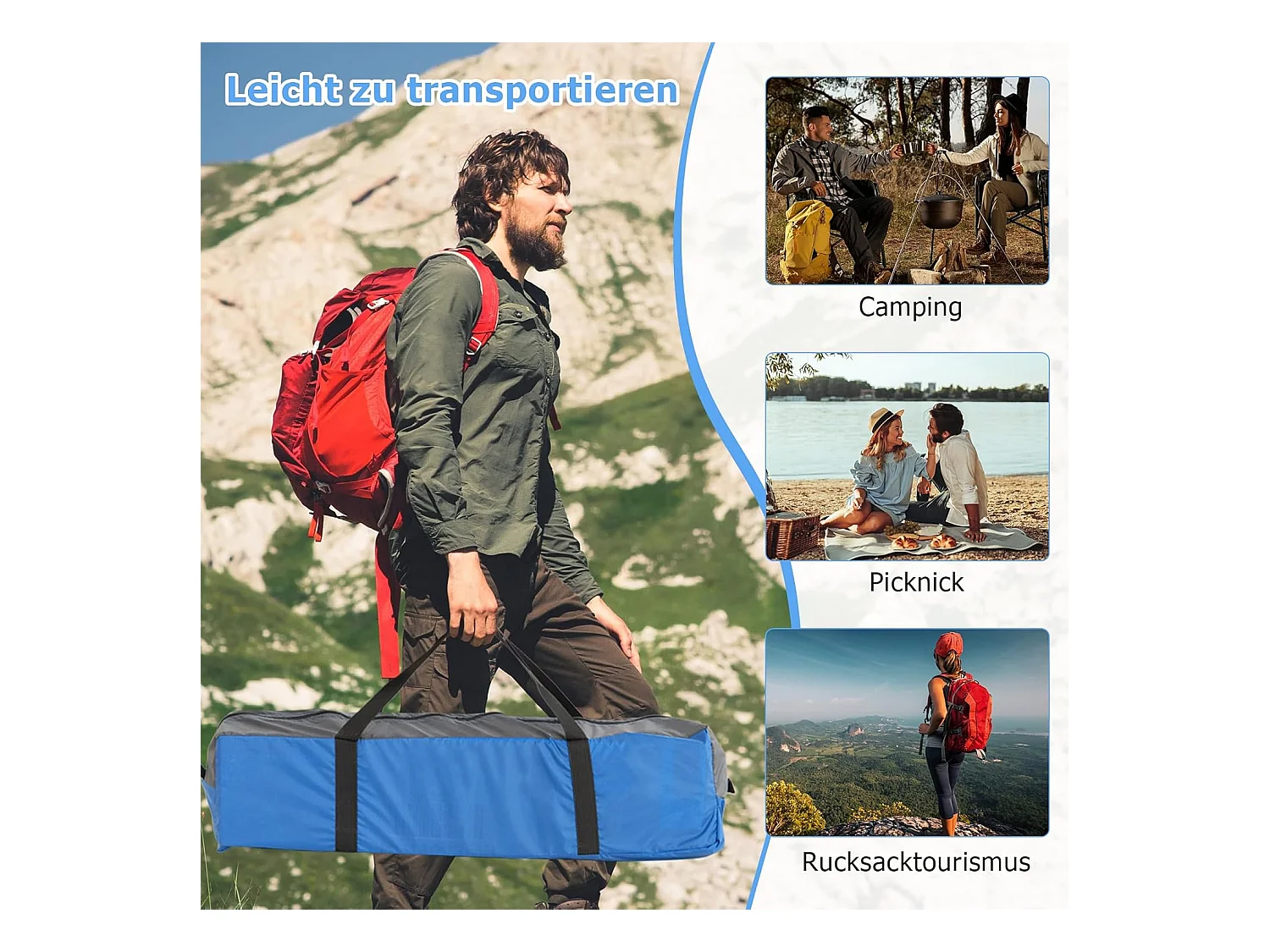 Tent voor 3 personen, ultralichte campingtent met afneembare regenbescherming, ramen en grondzeil,koepeltent voor trekking, kamperen ZB33864