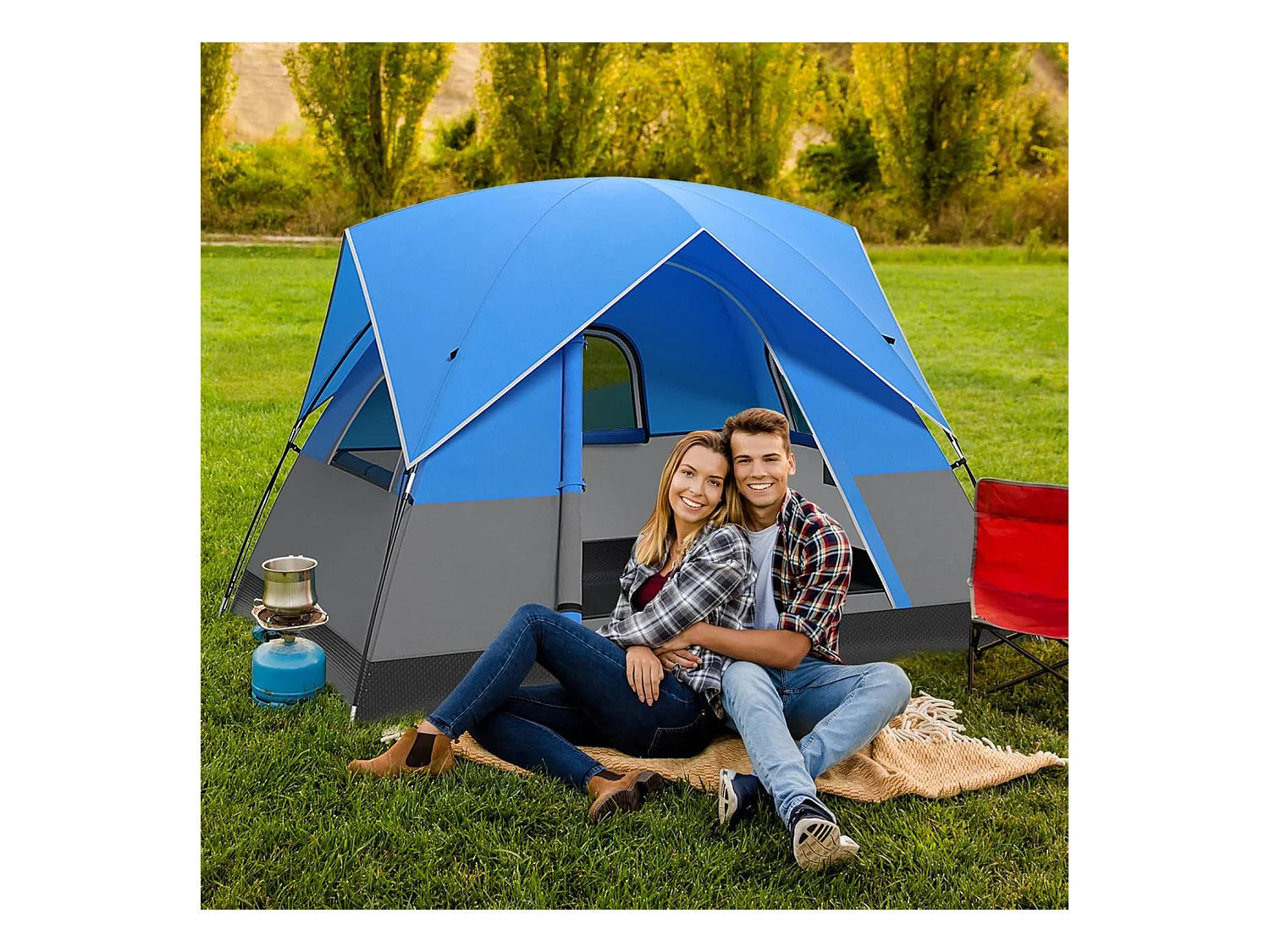 Tent voor 3 personen, ultralichte campingtent met afneembare regenbescherming, ramen en grondzeil,koepeltent voor trekking, kamperen ZB33864
