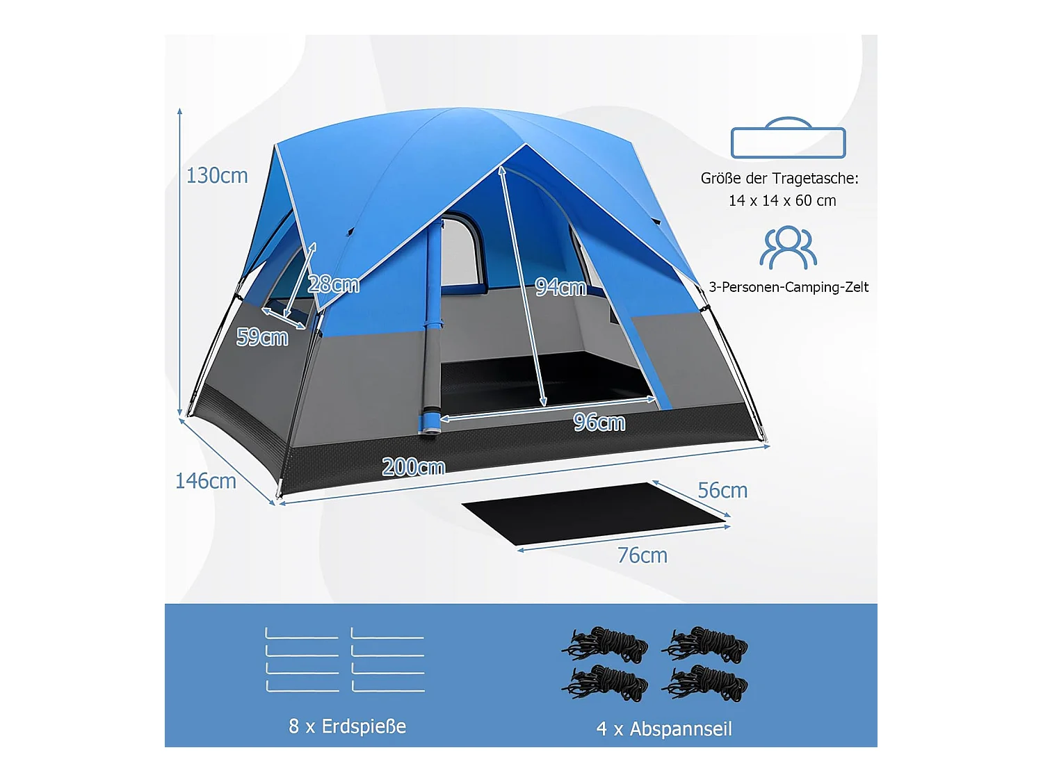 Tent voor 3 personen, ultralichte campingtent met afneembare regenbescherming, ramen en grondzeil,koepeltent voor trekking, kamperen ZB33864