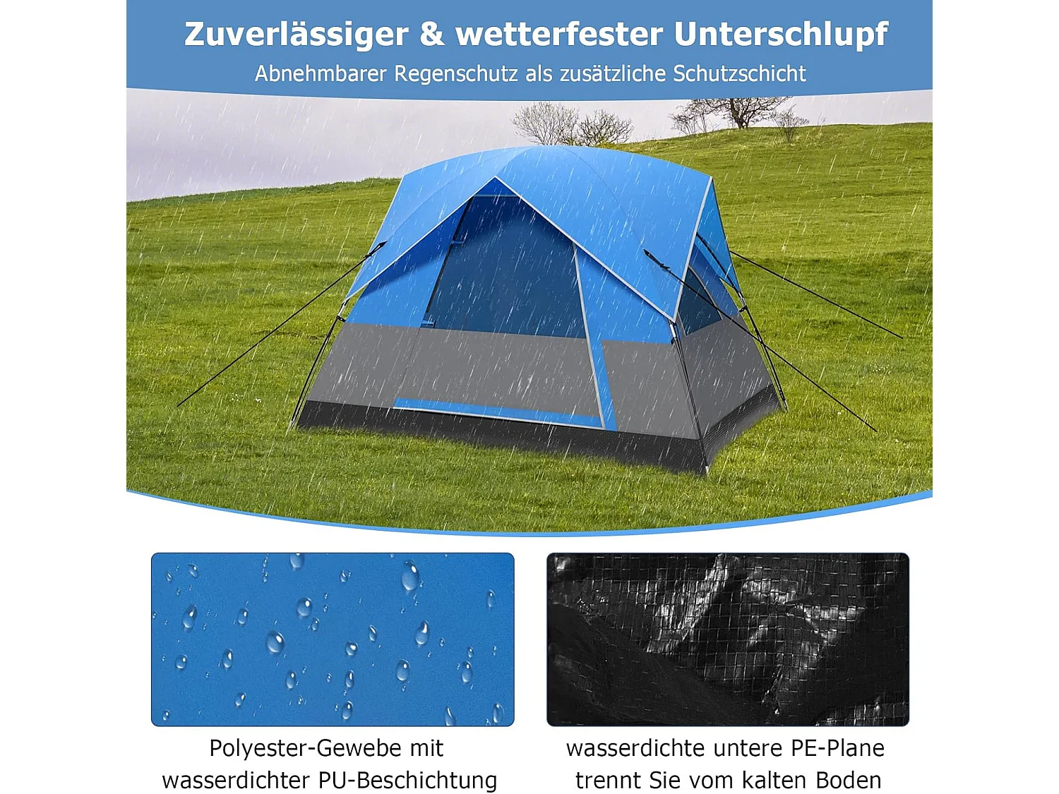 Tent voor 3 personen, ultralichte campingtent met afneembare regenbescherming, ramen en grondzeil,koepeltent voor trekking, kamperen ZB33864