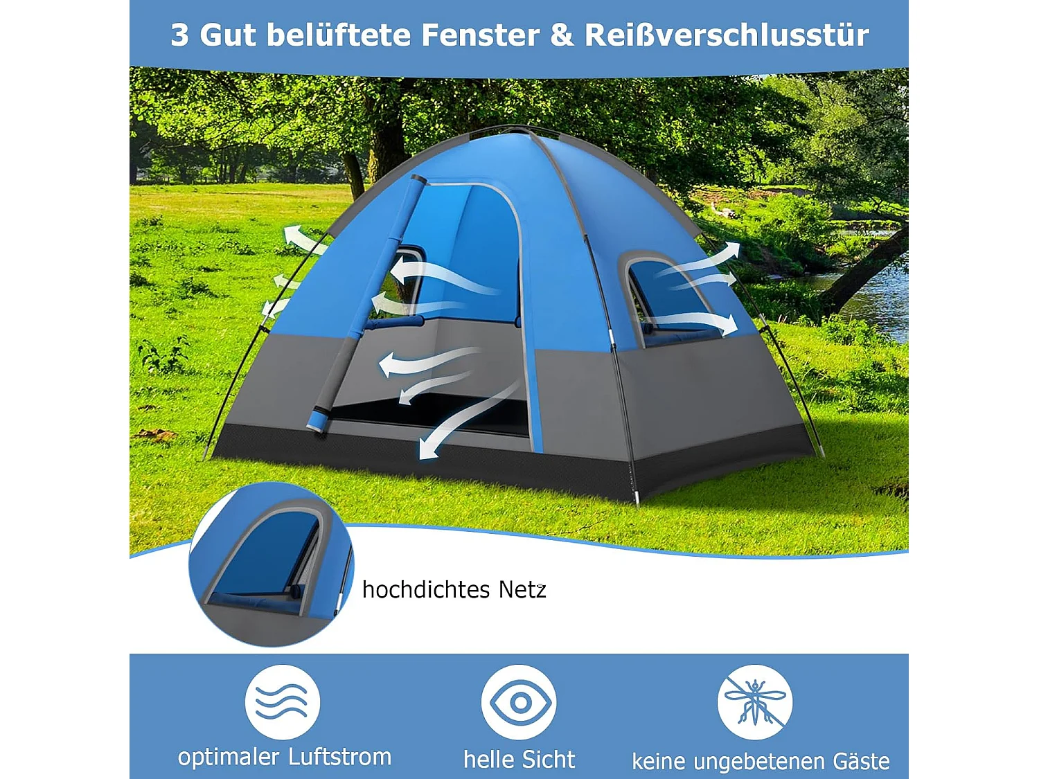 Tent voor 3 personen, ultralichte campingtent met afneembare regenbescherming, ramen en grondzeil,koepeltent voor trekking, kamperen ZB33864