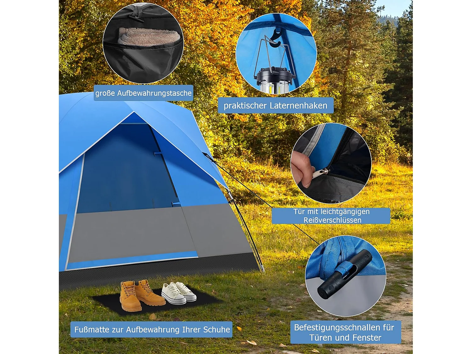 Tent voor 3 personen, ultralichte campingtent met afneembare regenbescherming, ramen en grondzeil,koepeltent voor trekking, kamperen ZB33864