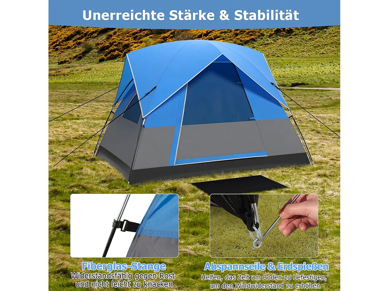 Tent voor 3 personen, ultralichte campingtent met afneembare regenbescherming, ramen en grondzeil,koepeltent voor trekking, kamperen ZB33864