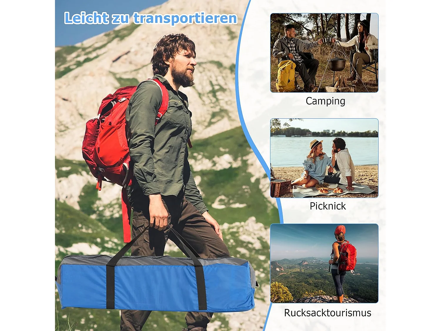 Tent voor 3 personen, ultralichte campingtent met afneembare regenbescherming, ramen en grondzeil,koepeltent voor trekking, kamperen ZB33864