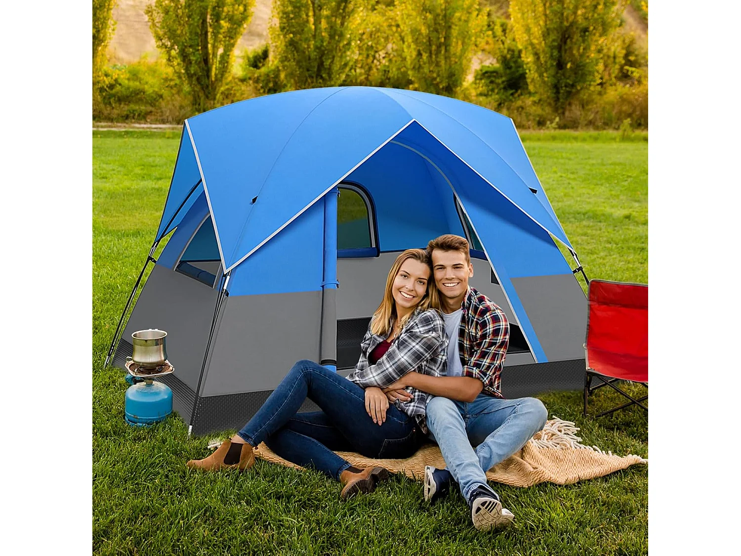 Tent voor 3 personen, ultralichte campingtent met afneembare regenbescherming, ramen en grondzeil,koepeltent voor trekking, kamperen ZB33864