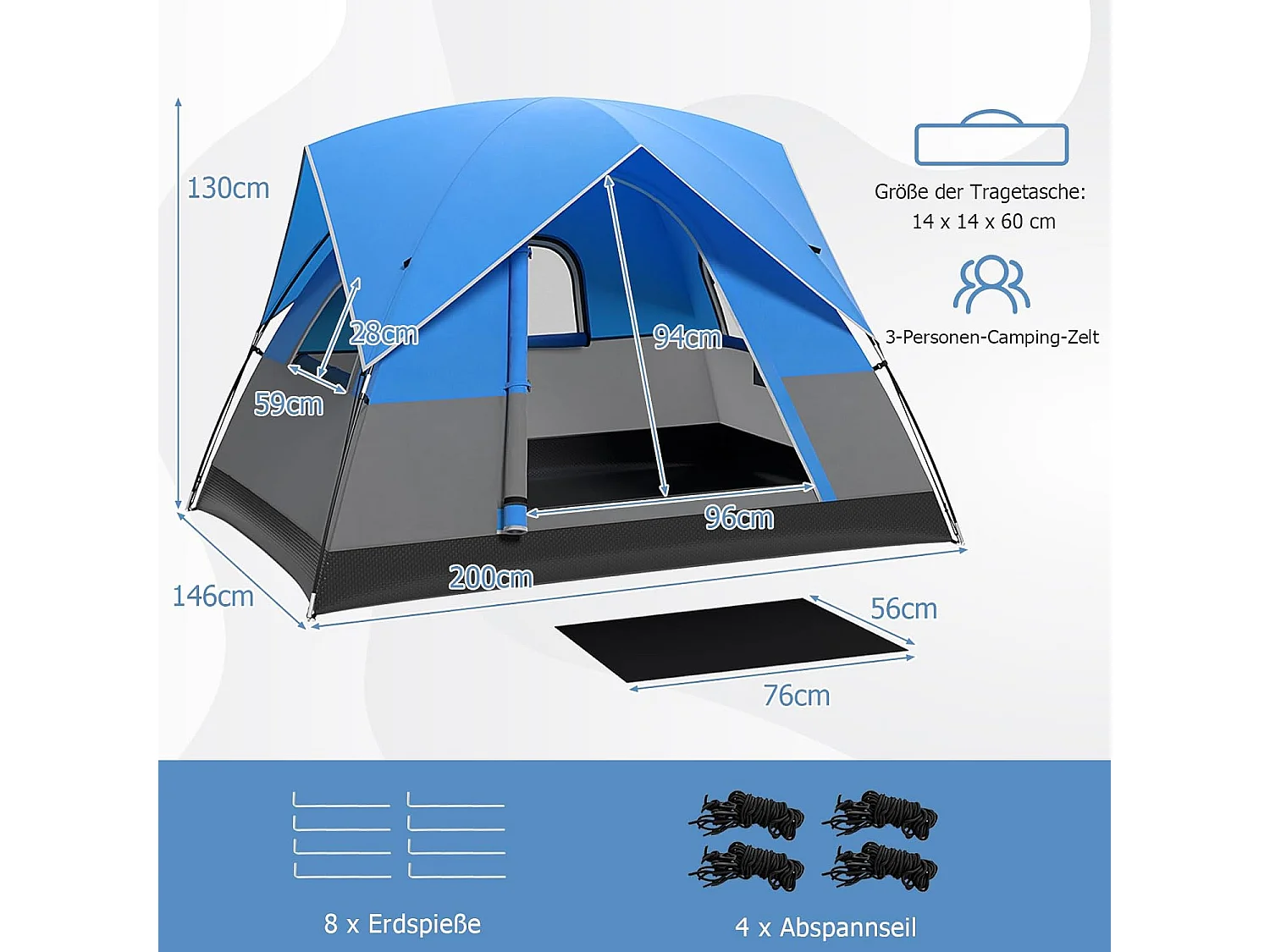 Tent voor 3 personen, ultralichte campingtent met afneembare regenbescherming, ramen en grondzeil,koepeltent voor trekking, kamperen ZB33864
