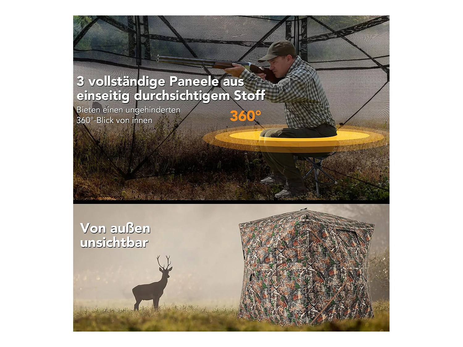 5-delige demonteerbare jachtverstopplaats voor 2-3 personen, 360° doorzichtige jachttent voor de jacht op herten en wilde zwijnen, opklapbare