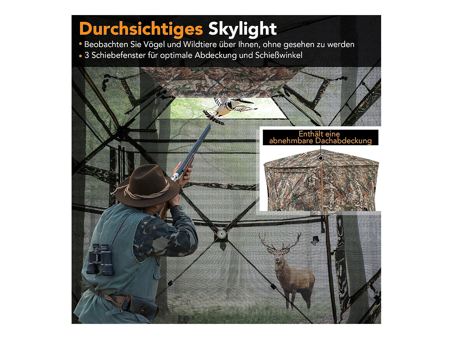 5-delige demonteerbare jachtverstopplaats voor 2-3 personen, 360° doorzichtige jachttent voor de jacht op herten en wilde zwijnen, opklapbare