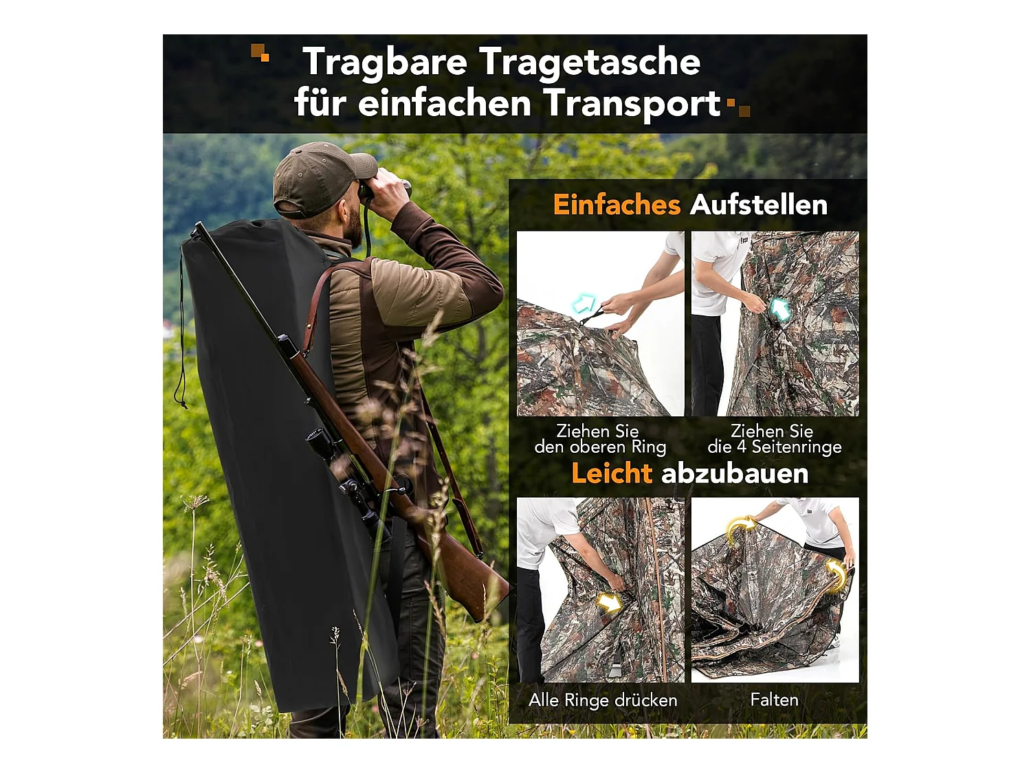 5-delige demonteerbare jachtverstopplaats voor 2-3 personen, 360° doorzichtige jachttent voor de jacht op herten en wilde zwijnen, opklapbare