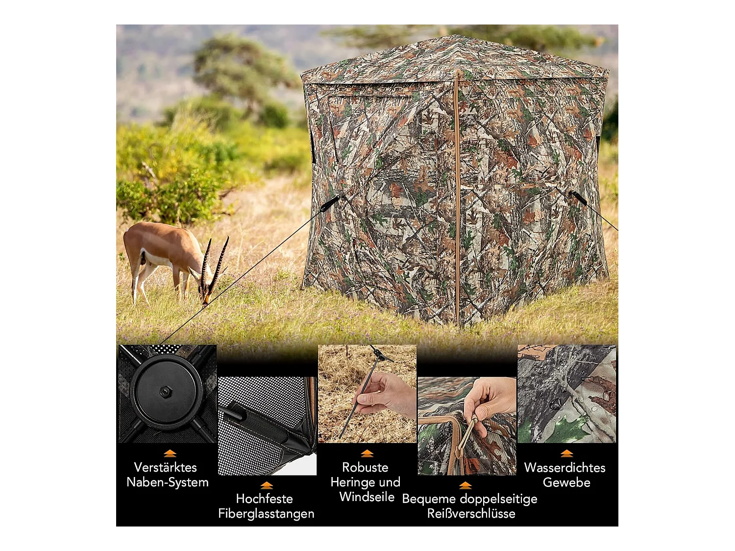 5-delige demonteerbare jachtverstopplaats voor 2-3 personen, 360° doorzichtige jachttent voor de jacht op herten en wilde zwijnen, opklapbare