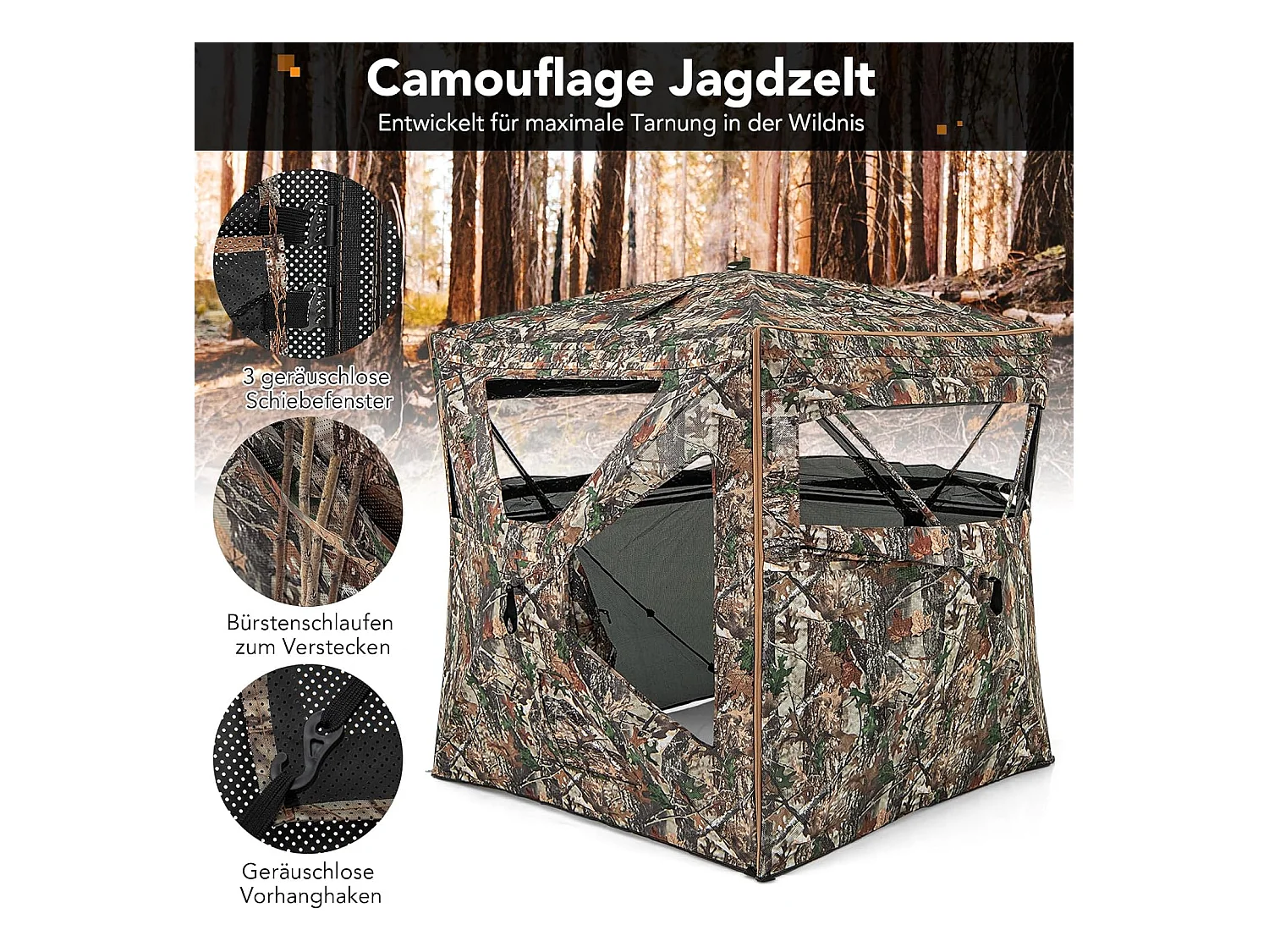 5-delige demonteerbare jachtverstopplaats voor 2-3 personen, 360° doorzichtige jachttent voor de jacht op herten en wilde zwijnen, opklapbare