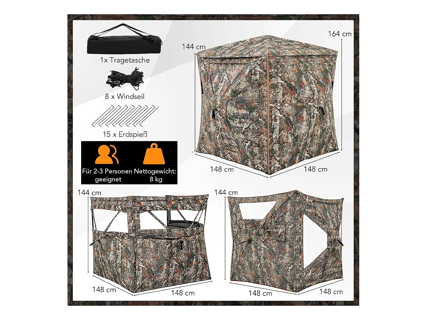 5-delige demonteerbare jachtverstopplaats voor 2-3 personen, 360° doorzichtige jachttent voor de jacht op herten en wilde zwijnen, opklapbare