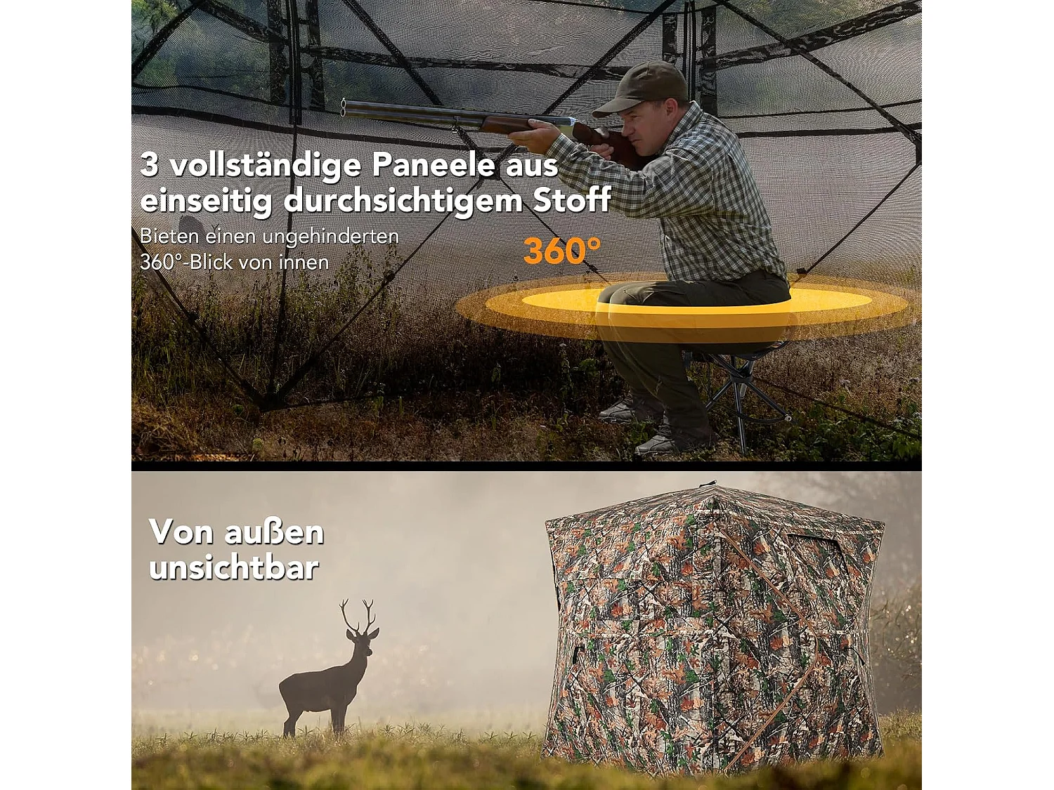 5-delige demonteerbare jachtverstopplaats voor 2-3 personen, 360° doorzichtige jachttent voor de jacht op herten en wilde zwijnen, opklapbare