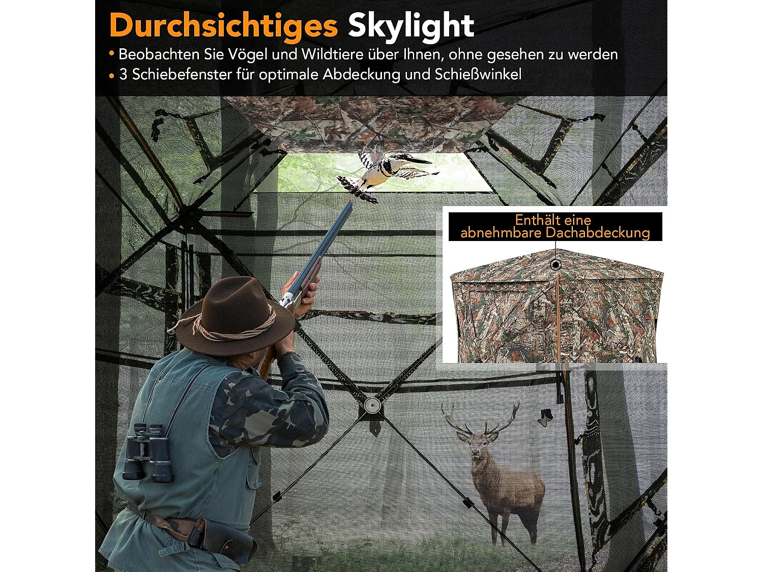 5-delige demonteerbare jachtverstopplaats voor 2-3 personen, 360° doorzichtige jachttent voor de jacht op herten en wilde zwijnen, opklapbare