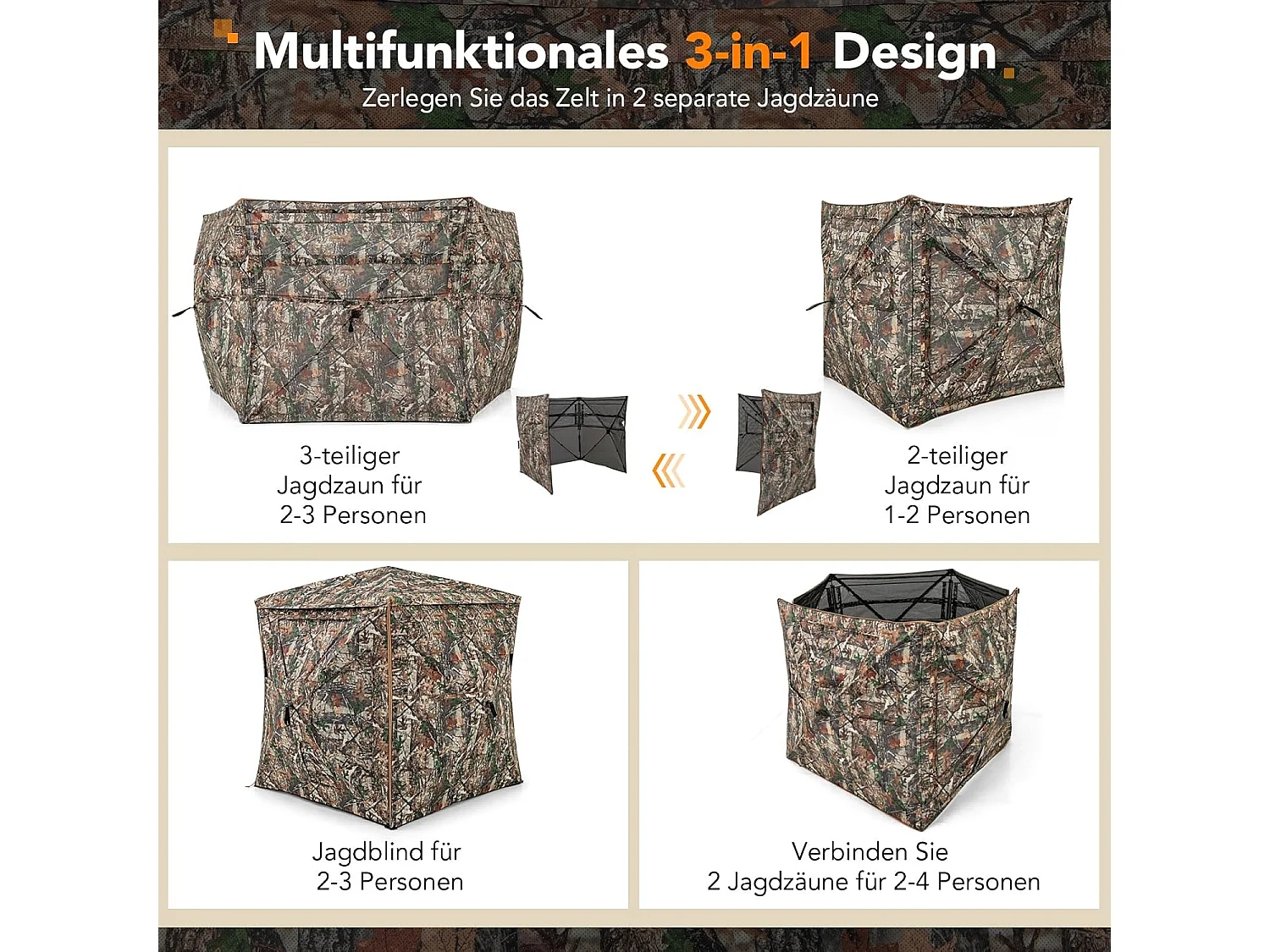 5-delige demonteerbare jachtverstopplaats voor 2-3 personen, 360° doorzichtige jachttent voor de jacht op herten en wilde zwijnen, opklapbare