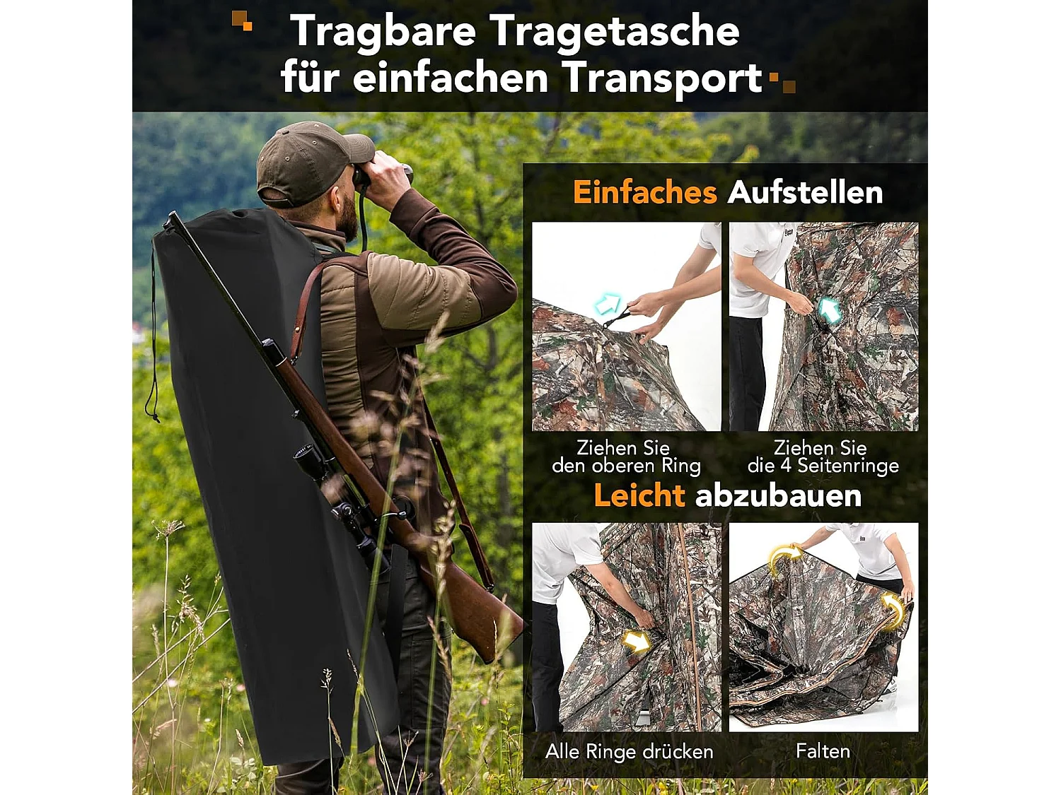 5-delige demonteerbare jachtverstopplaats voor 2-3 personen, 360° doorzichtige jachttent voor de jacht op herten en wilde zwijnen, opklapbare