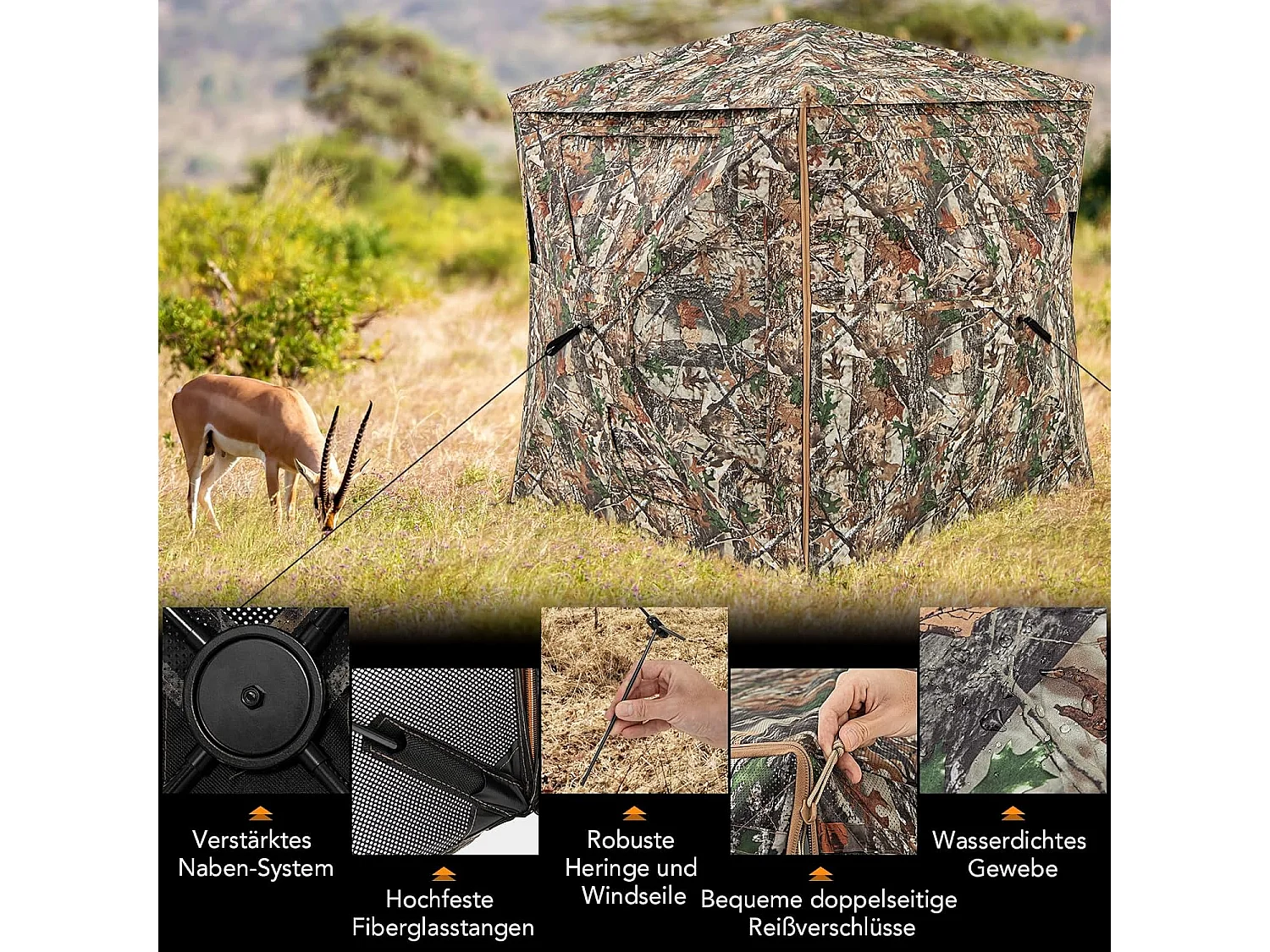 5-delige demonteerbare jachtverstopplaats voor 2-3 personen, 360° doorzichtige jachttent voor de jacht op herten en wilde zwijnen, opklapbare