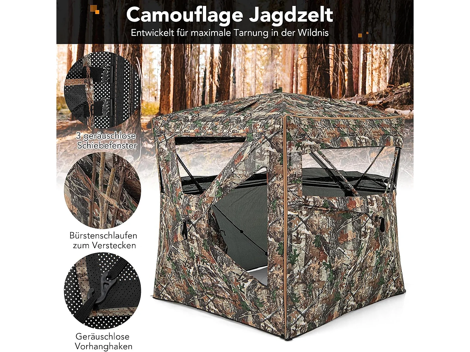 5-delige demonteerbare jachtverstopplaats voor 2-3 personen, 360° doorzichtige jachttent voor de jacht op herten en wilde zwijnen, opklapbare