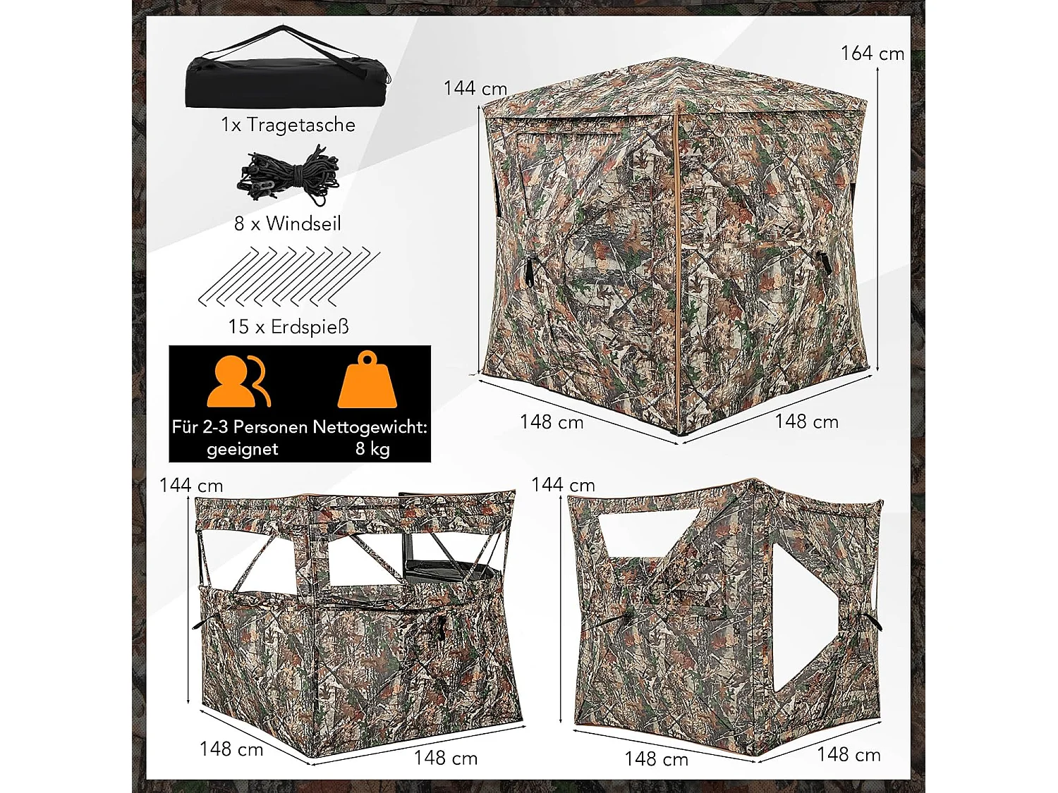 5-delige demonteerbare jachtverstopplaats voor 2-3 personen, 360° doorzichtige jachttent voor de jacht op herten en wilde zwijnen, opklapbare