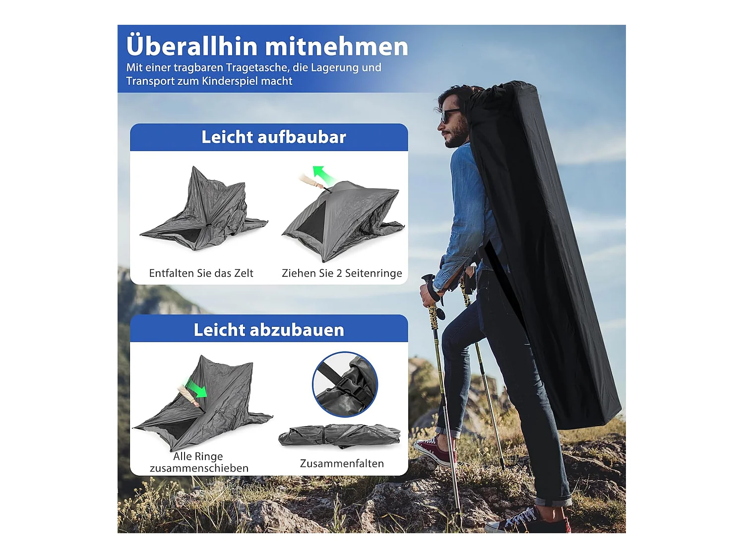 Pop-up tent voor 2-3 personen,360 graden,eenzijdig doorzichtige familietent, campingtent met regenbescherming,voor trekking, kamperenZB33929