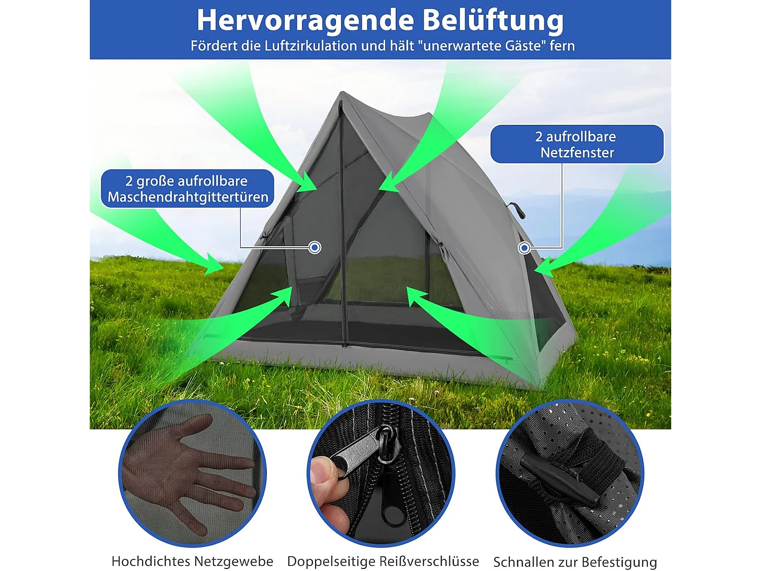Pop-up tent voor 2-3 personen,360 graden,eenzijdig doorzichtige familietent, campingtent met regenbescherming,voor trekking, kamperenZB33929