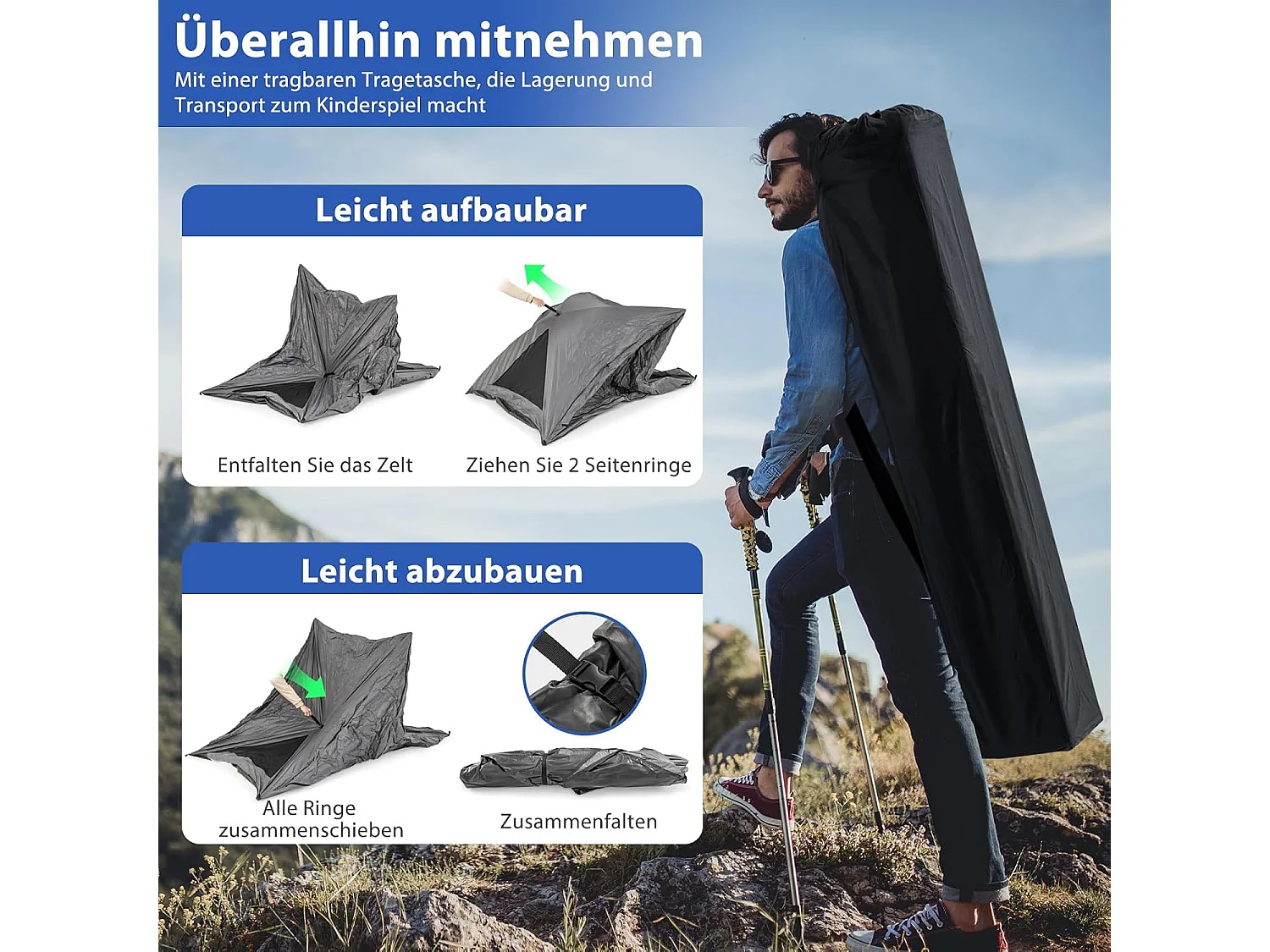 Pop-up tent voor 2-3 personen,360 graden,eenzijdig doorzichtige familietent, campingtent met regenbescherming,voor trekking, kamperenZB33929