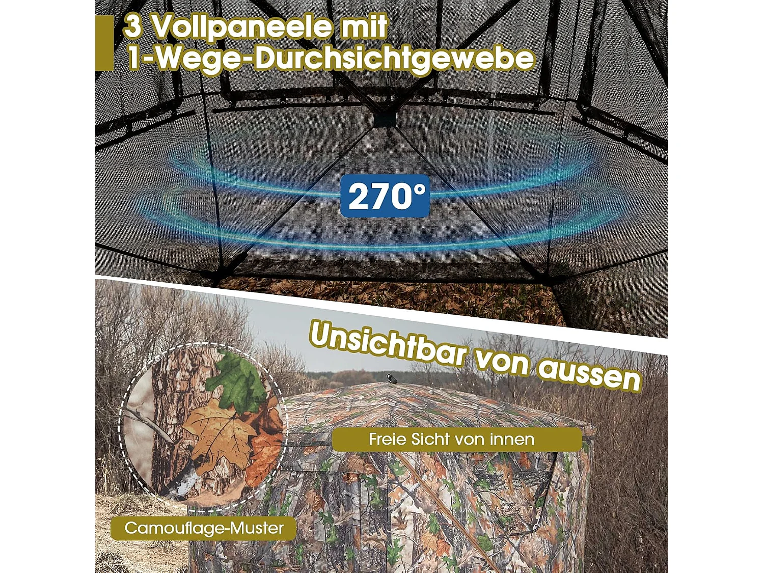 Eenzijdig doorzichtige 270° jachttent, pop-up schuilplaats voor 2-3 personen, jachtverstopplaats voor de jacht op herten en kalkoen, camouflage
