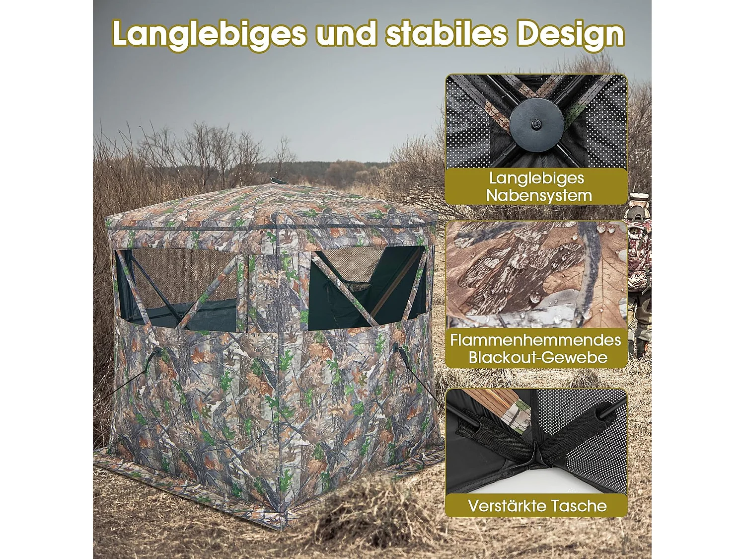 Eenzijdig doorzichtige 270° jachttent, pop-up schuilplaats voor 2-3 personen, jachtverstopplaats voor de jacht op herten en kalkoen, camouflage