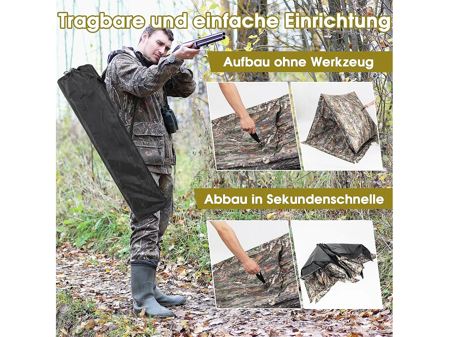 Eenzijdig doorzichtige 270° jachttent, pop-up schuilplaats voor 2-3 personen, jachtverstopplaats voor de jacht op herten en kalkoen, camouflage