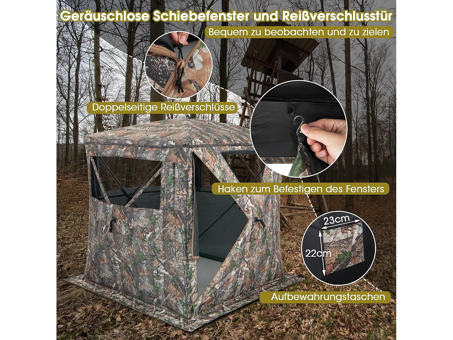 Eenzijdig doorzichtige 270° jachttent, pop-up schuilplaats voor 2-3 personen, jachtverstopplaats voor de jacht op herten en kalkoen, camouflage