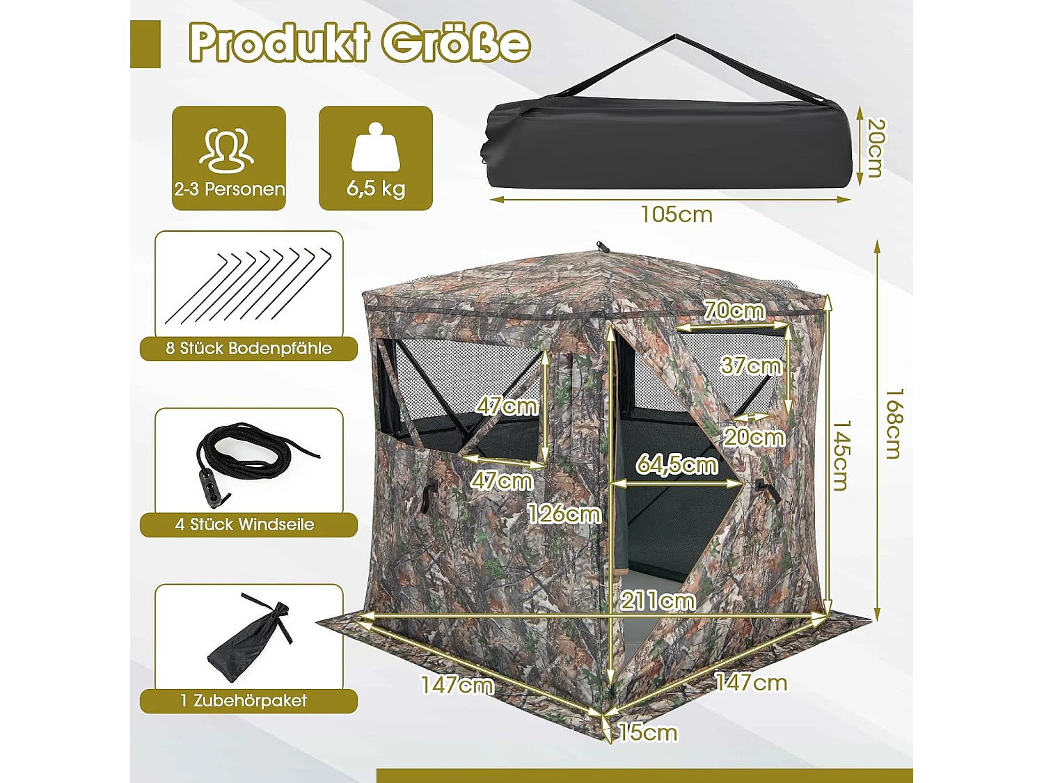 Eenzijdig doorzichtige 270° jachttent, pop-up schuilplaats voor 2-3 personen, jachtverstopplaats voor de jacht op herten en kalkoen, camouflage