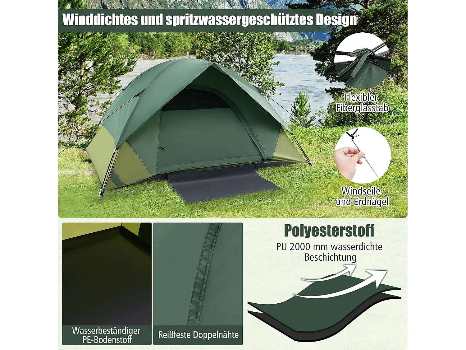 Tent voor 2 personen, ultralichte campingtent met afneembare regenbescherming, koepeltent, kleine verpakkingsmaat voor trekking, kamperen ZB33606
