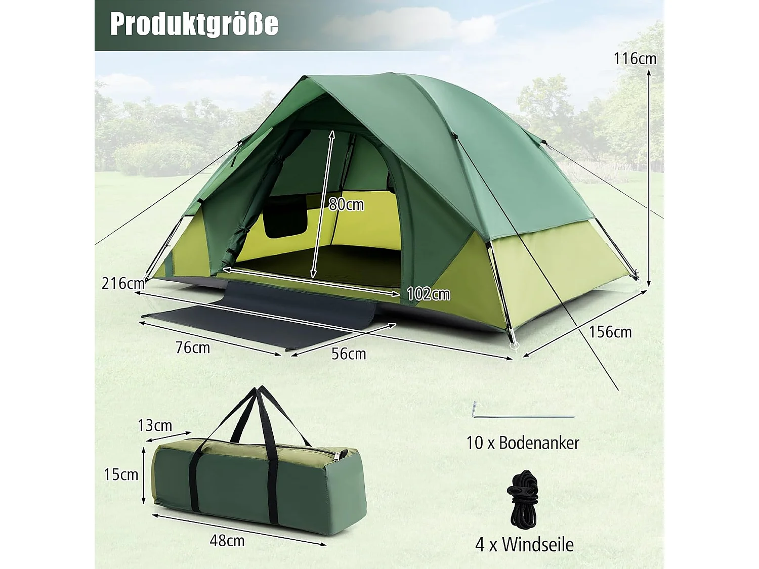 Tent voor 2 personen, ultralichte campingtent met afneembare regenbescherming, koepeltent, kleine verpakkingsmaat voor trekking, kamperen ZB33606