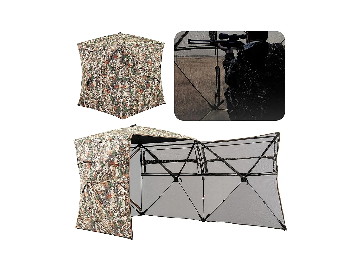 Jachtverstopplaats voor 2-3 personen, 360° doorzichtige jachttent voor de jacht op herten en wilde zwijnen, opklapbare camouflagetent