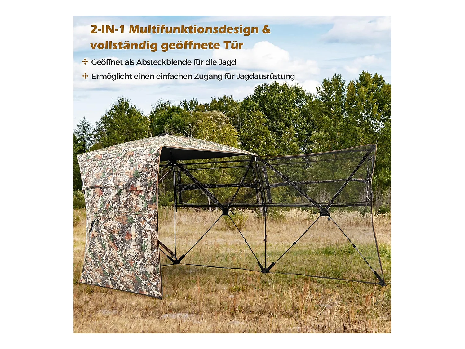 Jachtverstopplaats voor 2-3 personen, 360° doorzichtige jachttent voor de jacht op herten en wilde zwijnen, opklapbare camouflagetent