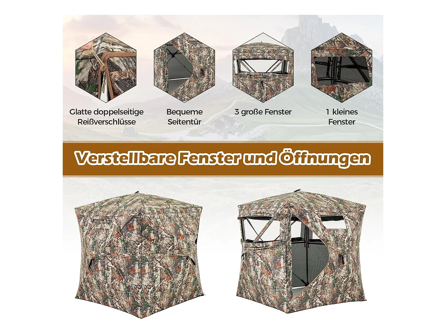 Jachtverstopplaats voor 2-3 personen, 360° doorzichtige jachttent voor de jacht op herten en wilde zwijnen, opklapbare camouflagetent