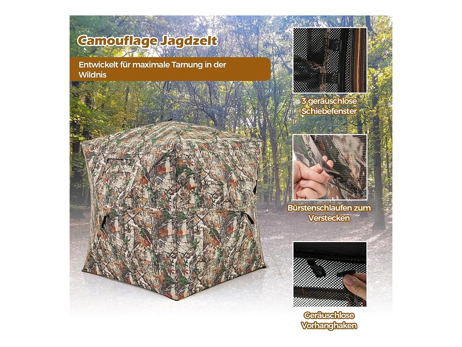 Jachtverstopplaats voor 2-3 personen, 360° doorzichtige jachttent voor de jacht op herten en wilde zwijnen, opklapbare camouflagetent