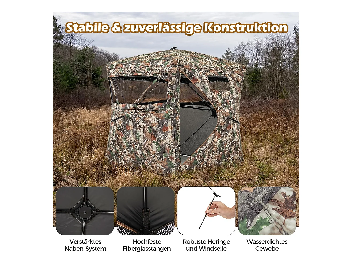 Jachtverstopplaats voor 2-3 personen, 360° doorzichtige jachttent voor de jacht op herten en wilde zwijnen, opklapbare camouflagetent