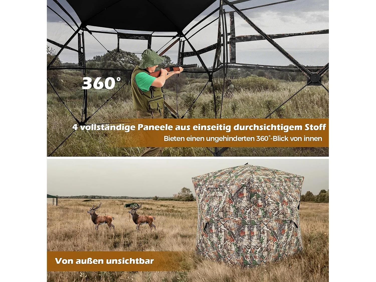 Jachtverstopplaats voor 2-3 personen, 360° doorzichtige jachttent voor de jacht op herten en wilde zwijnen, opklapbare camouflagetent