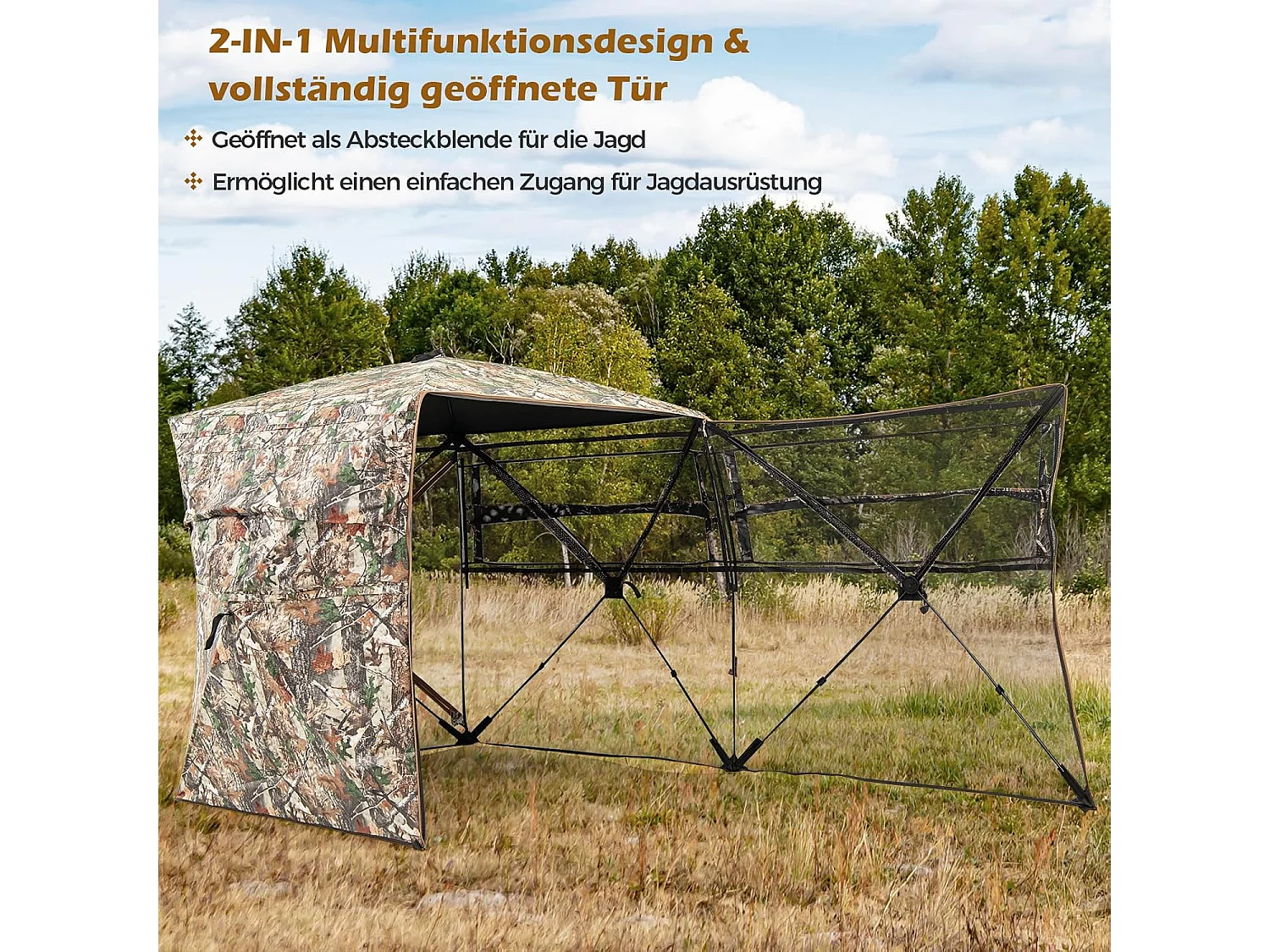 Jachtverstopplaats voor 2-3 personen, 360° doorzichtige jachttent voor de jacht op herten en wilde zwijnen, opklapbare camouflagetent