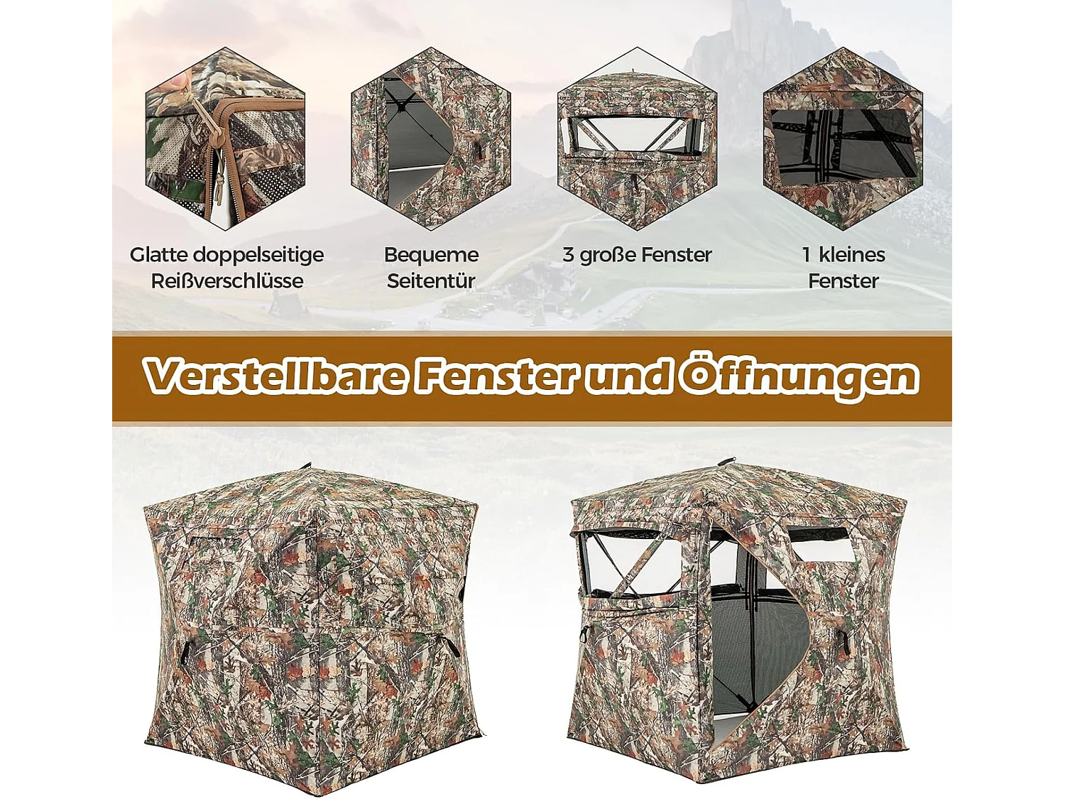 Jachtverstopplaats voor 2-3 personen, 360° doorzichtige jachttent voor de jacht op herten en wilde zwijnen, opklapbare camouflagetent